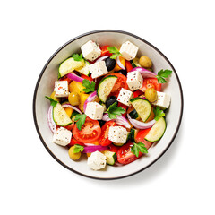 Classic Greek salad with fresh vegetables, feta cheese and  olives. Healthy food. isolated on white background. top view