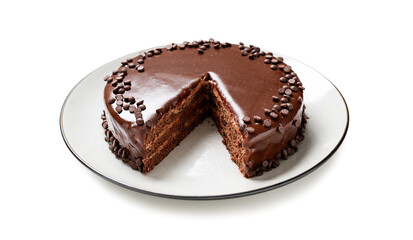 Layered chocolate cake isolated on white background