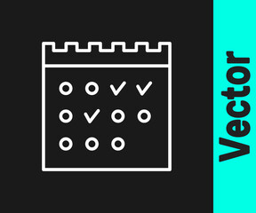 White line Hotel booking calendar icon isolated on black background. Vector.