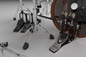 Modern drumset. Drums and cymbals construction on white studio background. Collection of percussion instruments. Rock music concert design element