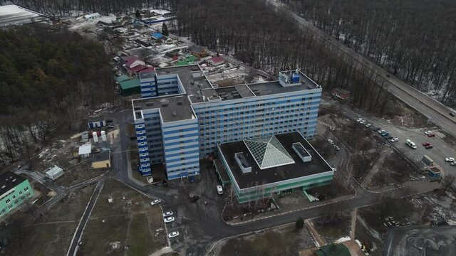 city hospital aerial view in winter.
