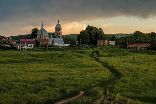 Trinity Church at sunset in the village of Kremenki