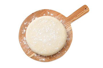 Fresh raw dough for pizza or bread baking on wooden cutting board isolated on white background. top view