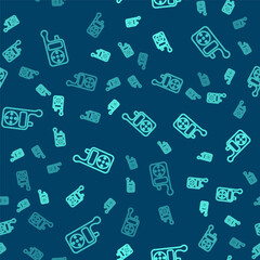 Green line Baby Monitor Walkie Talkie icon isolated seamless pattern on blue background. Vector.