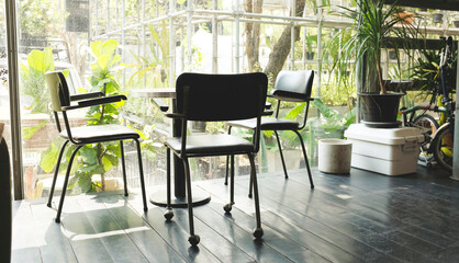  Interior and decoration of a Modern loft coffee shop, cafe., cafe blurred background with bokeh