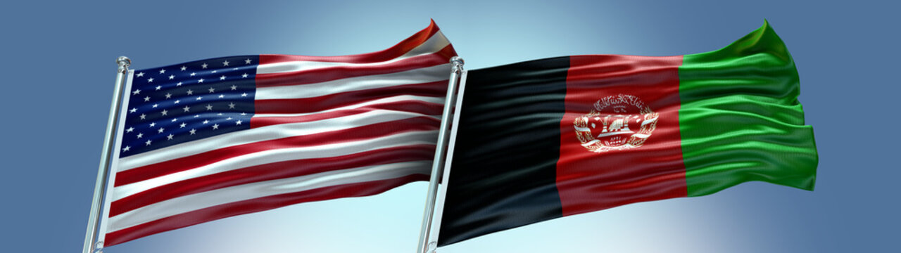 United States of America Flag and Afghanistan flag waving with texture and Blue Sky Double flag