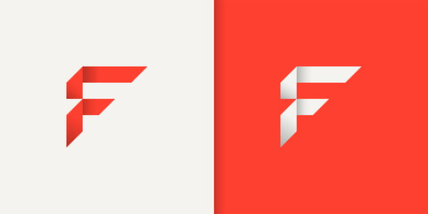 Initial Letter F Logo Concept. Red and White Geometric Shape Origami Style isolated on Double Background. Usable for Business and Branding Logos. Flat Vector Logo Design Template Element