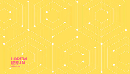 Abstract hexagonal molecular structures on yellow background with copy space.