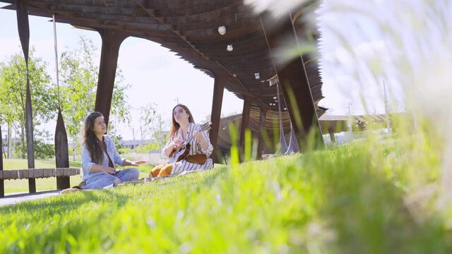 cheerful woman plays ukulele guitar and sings sitting on lush grass with positive girlfriend under openwork canopy in city park on sunny day at picnic. at distance view