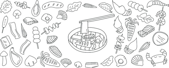 Hand drawn barbecue and seafood set. Vector illustration in doodle art style on white background