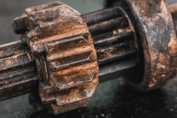Close up chains that are part of a machine are old and dirty and stain from lubricant in industry for concept design and decorative workings. Element for steampunk art