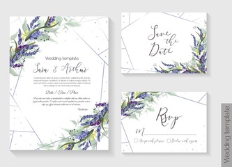 Floral vector template for wedding invitation. Lavender, green leaves. Vector invitation set: square card for invitation, save the date, rsvp