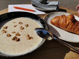 SEOUL, KOREA - JANUARY 02, 2016 - Breakfast with slice of tiramisu and cheese toast