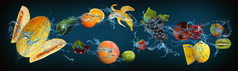 Panorama with fruits in water - melon, lemon, avocado, orange, banana, grape, strawberry, lime,...