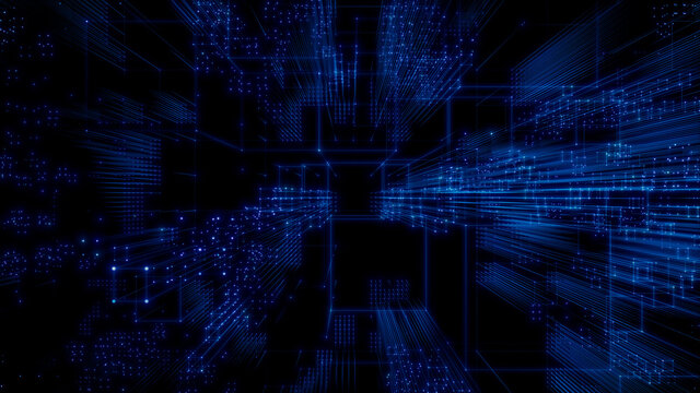 Futuristic, Blue Digital Grid background. Network Tech Wallpaper. 3D Render 