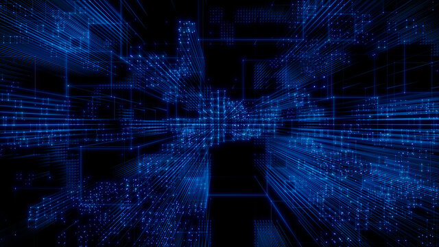 Futuristic, Blue Digital Grid background. Network Tech Wallpaper. 3D Render 