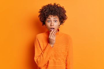 Indoor shot of shocked young curly African American woman dressed in casual jumper keeps mouth opened from amazement reacts amazing news isolated over orange background. Human reaction concept