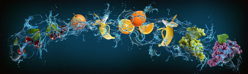 Panorama with fruits in water - cherry, pear, banana, orange, grape - pep and body every day