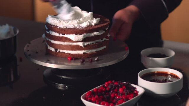 The production of delicious and colorful cakes is made in the factory. Making many kinds of cakes from chocolate to fruit, from hazelnut to pistachio, from cheese to coffee.