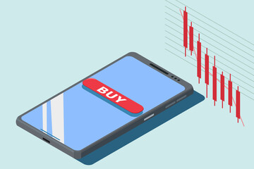 Isometric smartphone with exchange trading and stock market ,candlestick graph.concept