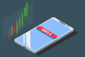 Isometric smartphone with exchange trading and stock market ,candlestick graph.concept