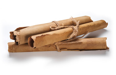Many ancient paper scrolls isolated on a white background