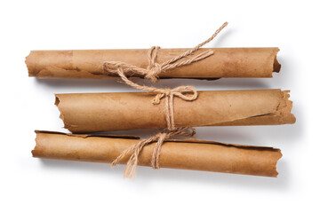 Ancient paper scrolls isolated on a white background. Top view