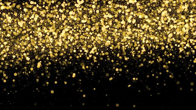 Golden Glitter Sparkling Magic light. Shining gold Dust particles Trail Crossing sparkles on black background 4K. Birthday, Anniversary, new year, event, Christmas, Festival, Diwali.