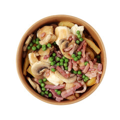 Poutine photographiée du haut isolée sur fond blanc