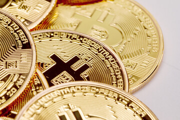 Fototapeta na wymiar Many bitcoin coins close up