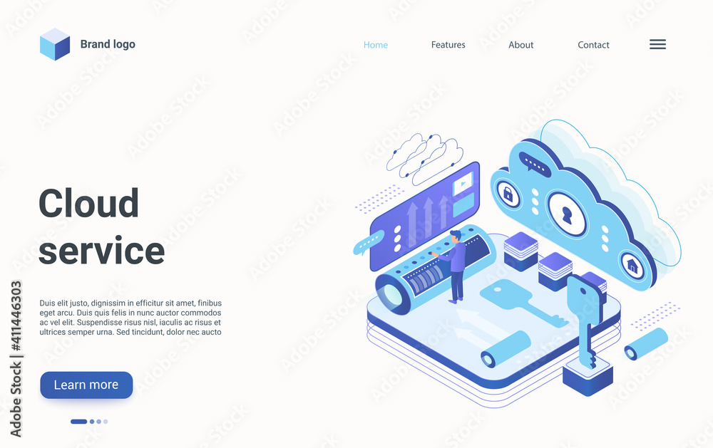 Poster cloud data tech service isometric vector illustration. cartoon technician engineer character standin