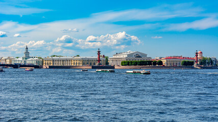 Saint Petersburg panorama with Old Stock Exchange building and Rostral columns on Vasilyevsky island, Saint Petersburg, Russia