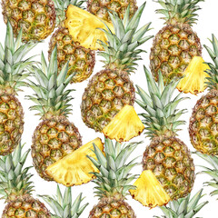 Watercolor seamless pattern pineapple isolated on white background.