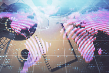 Multi exposure of business theme drawing and work table top veiw. Concept of international finance.