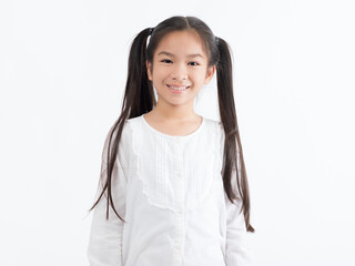 Portrait of Asian girl kid with long black hair on white background