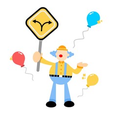 clown carnival and two direction path road sign cartoon doodle flat design style vector illustration