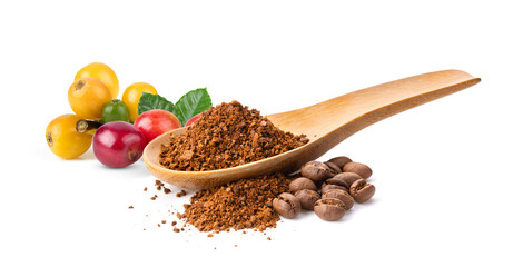 coffee powder in wood spoon on white background