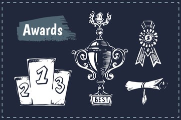 Winning award, trophy and podium vector hand drawn illustration. Set of cup, badge and certificate sketch doodles