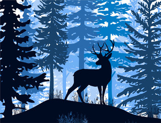 Deer with antlers posing in blue magic forest. Silhouettes illustration. 
Coniferous trees.