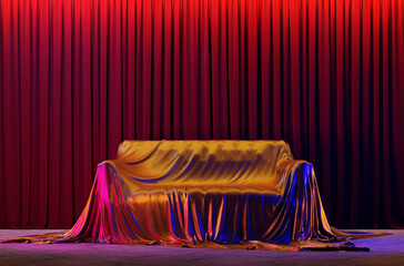 Theater stage with a sofa covered in golden drapery. 3d 