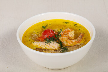 Fish soup with salmon and prawn
