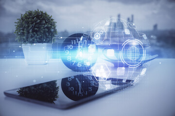 Double exposure of social network theme drawing and cell phone background. Concept of people connection over the world