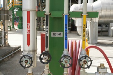 Water, vapor steam, plant air and nitrogen pipe installed in the chemical industry factory to...