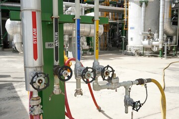Water, vapor steam, plant air and nitrogen pipe installed in the chemical industry factory to...