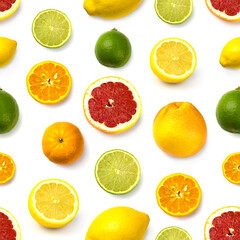 Fototapeta na wymiar grapefruit, lime, lemon and mandarin pattern on white background