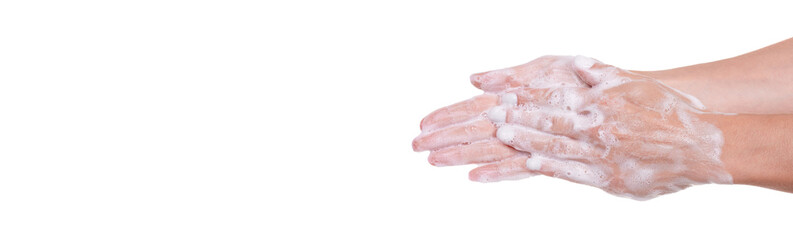 Washing hands with soap, foam on skin, isolated on white background.