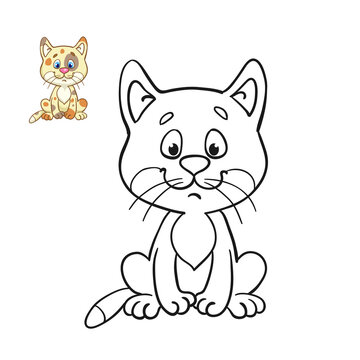 Little cute kitten sitting. Black and white picture for coloring book with a colorful example. In cartoon style. Isolated on white background. Vector illustration.
