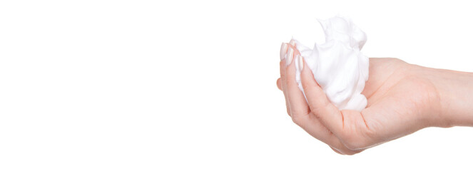 Hand with bubble foam, isolated on white background.