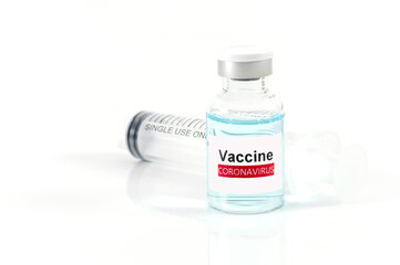 Antiviral vaccine bottle and medical Syringe on a white background