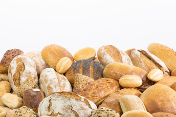 Many kinds and kinds of bread collected in one place as decoration for a traditional bakery. White background from the top for self-completion.